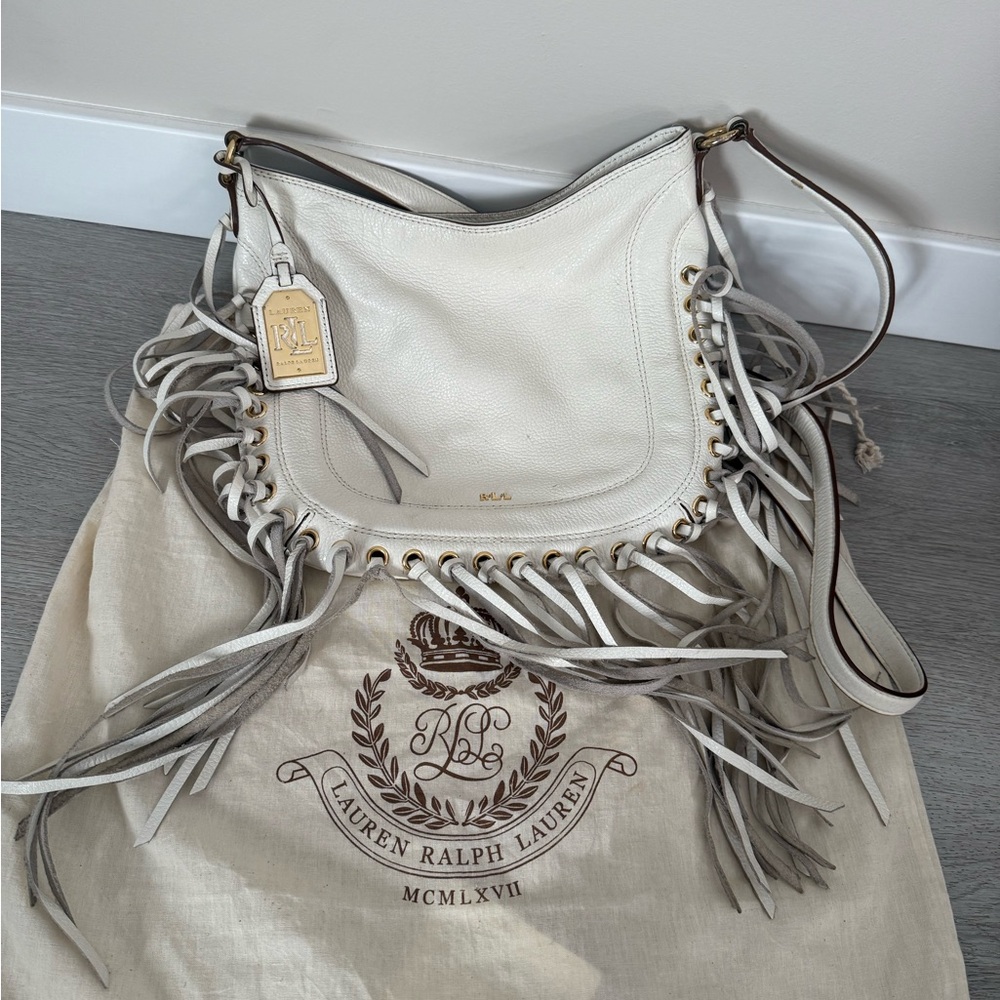 Lauren Ralph Lauren Cream Fringe Hobo Bag